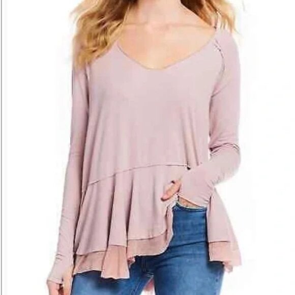Free People Pale Pink Mauve Ruffled Hem Long Sleeve Tunic Top - Picture 13 of 16